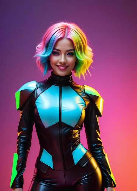 Fashion portrait of a beautiful woman with colorful hair Girl in a futuristic costume