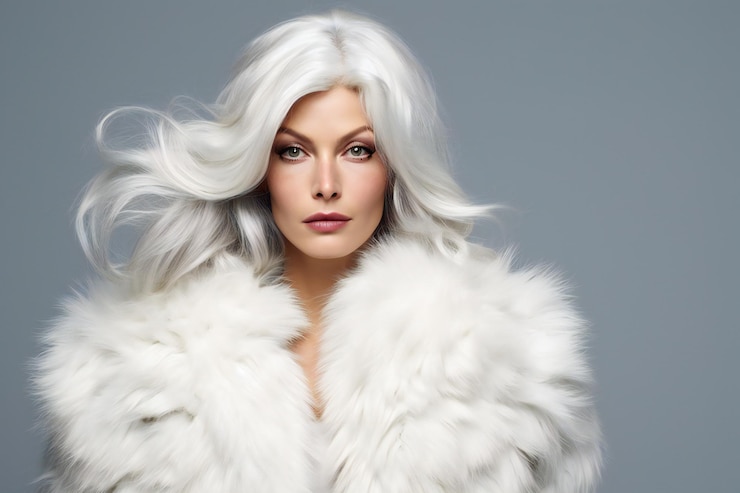 Photo fashion portrait of a beautiful woman with long hair in white fur coat
