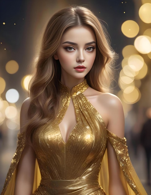 황금색 드레스 를 입은 아름다운 젊은 금발 여자 의 패션 초상화