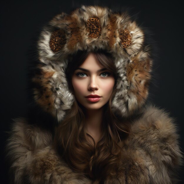 Photo fashion portrait of beautiful young woman in fox fur hat studio shot