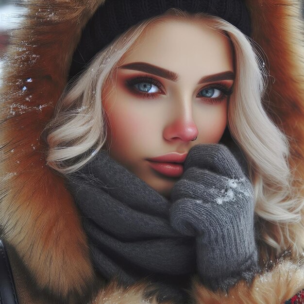 Fashion portrait of beautiful young woman in fur coat and scarf Winter fashion slavic core