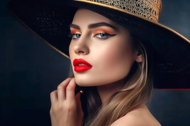 Fashion portrait of beautiful young woman in hat Perfect makeup and red lips Generative AI