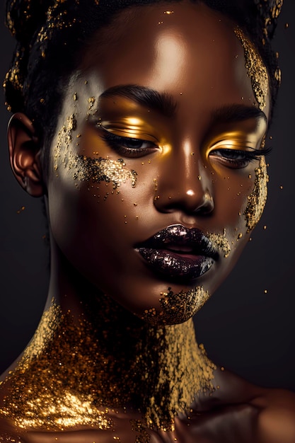 Fashion portrait of beautiful young woman with bright golden liquid art makeup face art on dark background AIGenerated