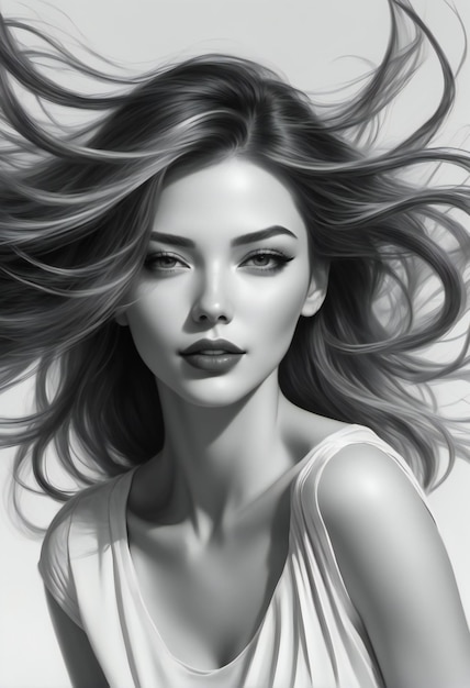 Модный портрет красивой молодой женщины с летящими волосами Черно-белая фотография