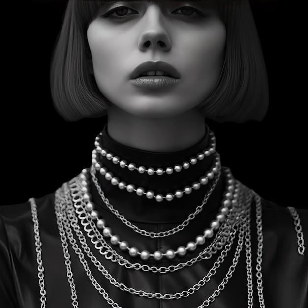 Fashion portrait of beautiful young woman with necklace on black background