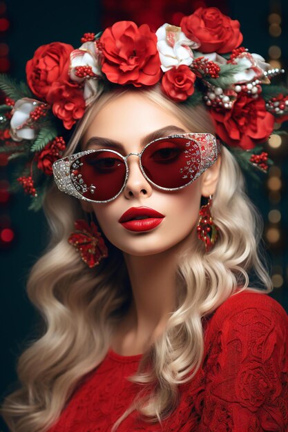 Fashion portrait of a beautiful young woman with red lips and wreath of flowers beauty fashion