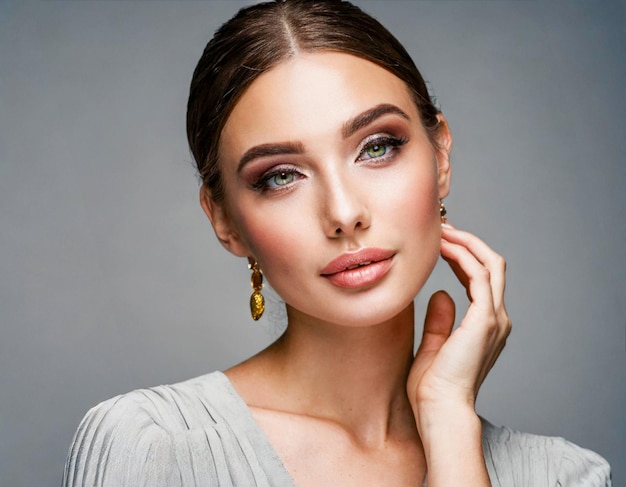 Модная портретная красота женщина кавказская идеальное лицо красивая девушка на сером фоне