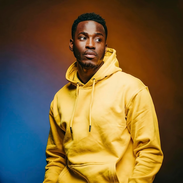 Fashion portrait black man in yellow hoodie on color background