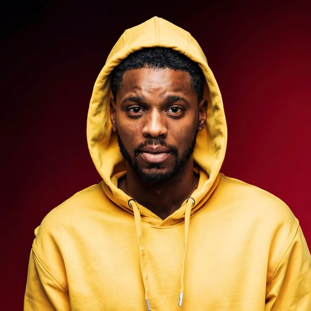 Fashion portrait black man in yellow hoodie on color background