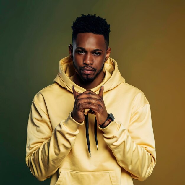 Fashion portrait black man in yellow hoodie on color background