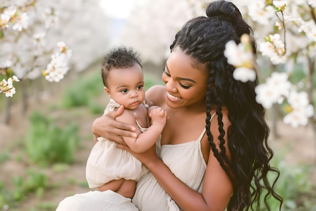 Fashion portrait black woman mother holds hugs newborn baby at spring blossom Mothers Day concept