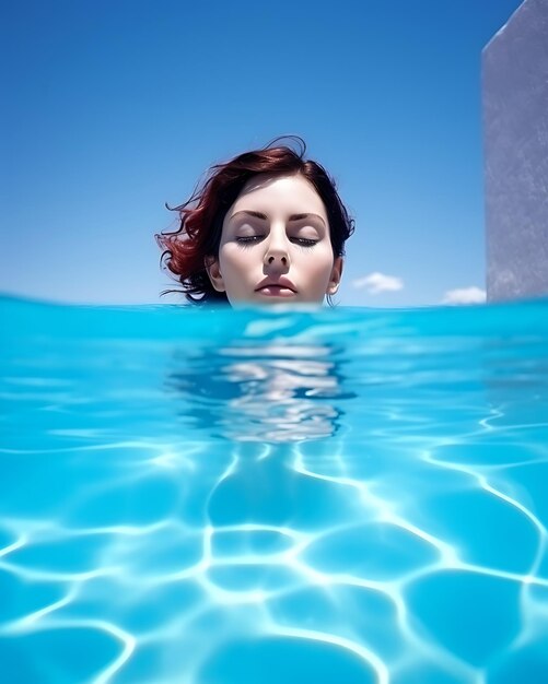 Fashion portrait of caucasian woman in bikini in blue swimming