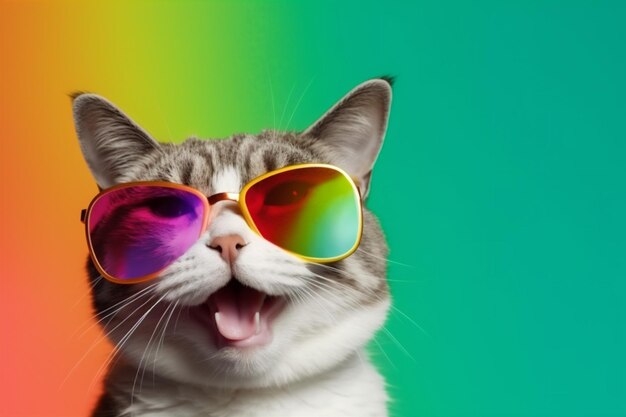 Fashion portrait colourful animal cat sunglasses cute neon pet funny Generative AI