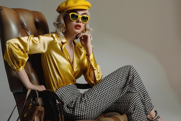 Fashion portrait of elegant woman in yellow sunglasses and beret