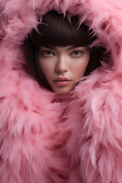 Foto ritratto di moda di firl in cappotto di piume rosa close up concetto di moda