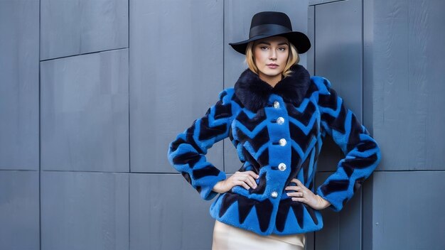 Photo fashion portrait of gorgeous woman in stylish winter fluffy blue coat and black hat posing on bri