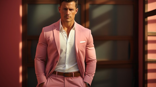fashion portrait of handsome man in pink shirt posing in city