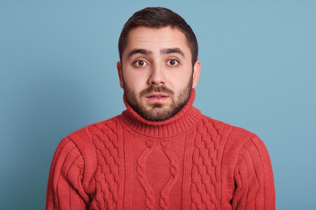 Fashion portrait of handsome young man wearing warm sweater, serious guy  having beard, attractive dark haired male posing isolated over blue wall. People concept.