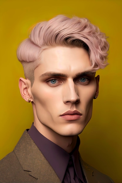 Fashion portrait of handsome young man with pink hair blue eyes and yellow background