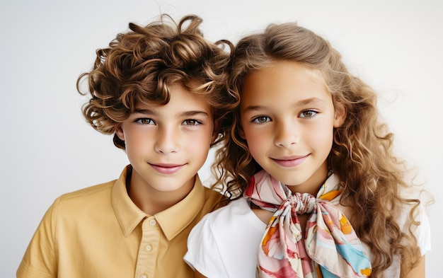 Модный портрет маленьких детей на белом фоне студии Мода детства