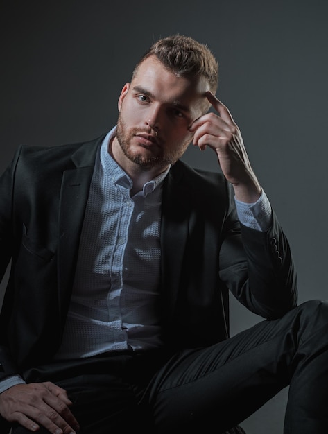 Fashion portrait man in classic suit shirt business confident portrait of handsome serious male mode