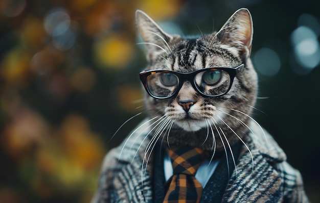 写真 秋の背景に眼鏡をかぶった猫のファッションポートレート