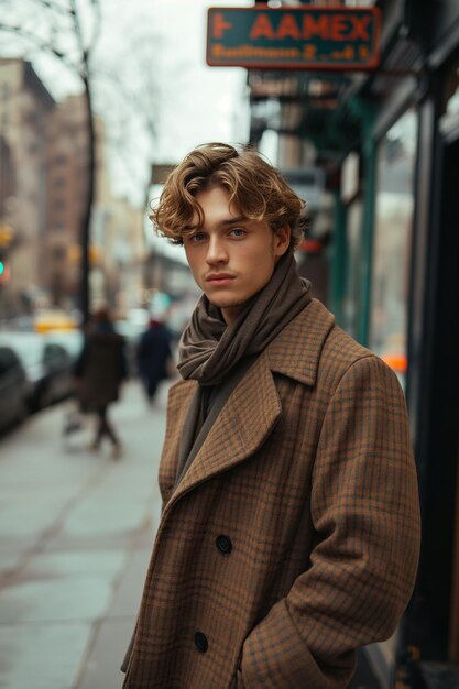 사진 1990 년대 레트로 스타일의 거리에서 코트를 입은 젊은 남자의 패션 초상화
