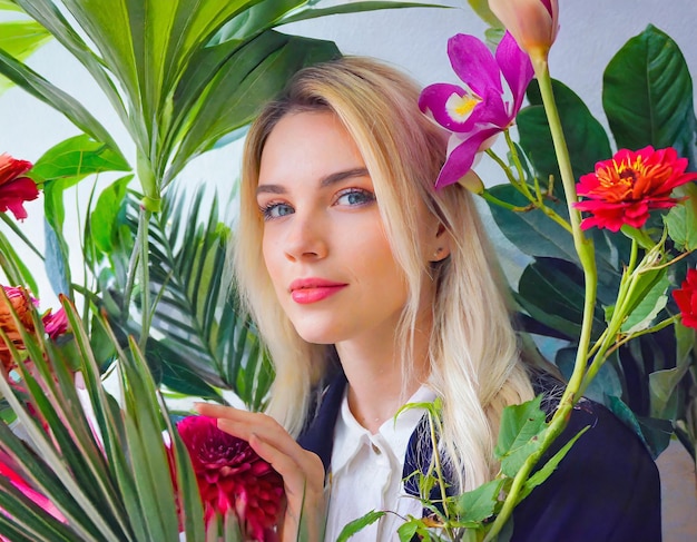 Фото Модный портрет молодой женщины, окруженной экзотическими цветами идеально подходит для модных концепций цветочного арра