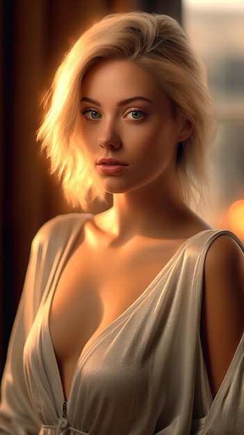 사진 파란 눈과 긴 금발 머리를 가진 아름다운 젊은 여성의 패션 초상화