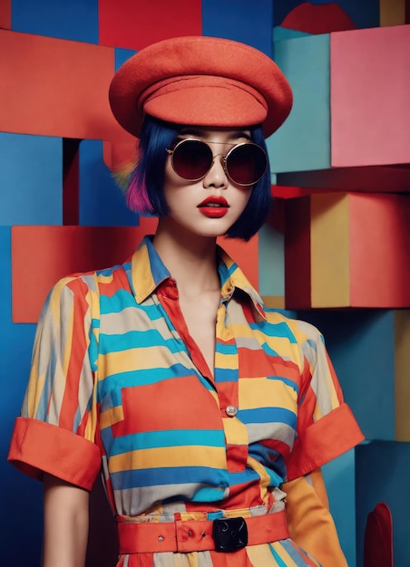 Фото Модный портрет молодой красивой азиатской женщины с короткой причёской и солнцезащитными очками в стильном платье.