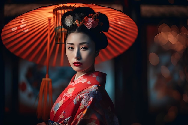 Photo fashion portrait photography of the most beautiful geisha girl in the gate to heaven kyoto japan generative ai