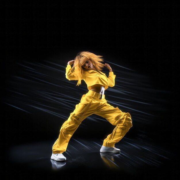 Fashion portrait of a stylish girl dancer in a black room