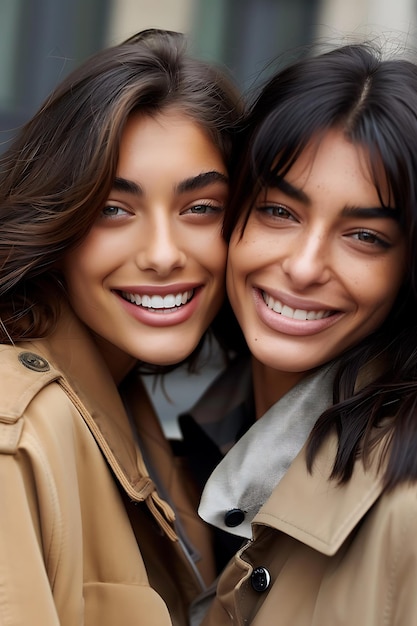 Fashion portrait of two smiling brunette women models in summer casual hipster