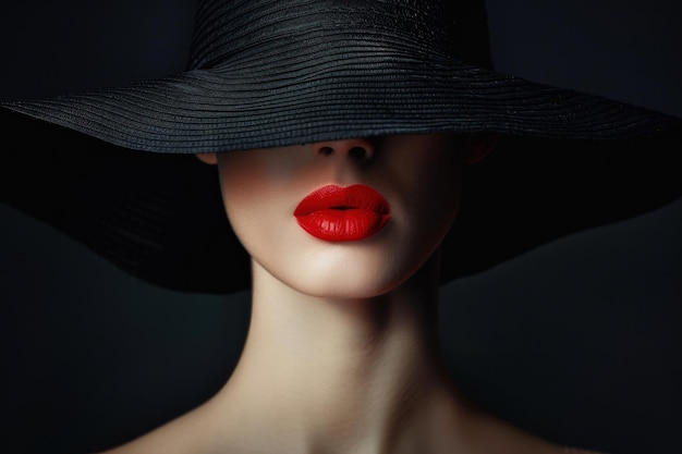 Fashion portrait of a woman with face hidden by elegant black hat and bright red lips