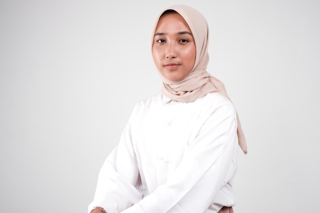 Fashion portrait of young beautiful asian muslim woman with wearing hijab isolated on white backgrou