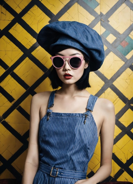 Модный портрет молодой красивой азиатской женщины с короткой причёской и солнцезащитными очками в стильном платье.