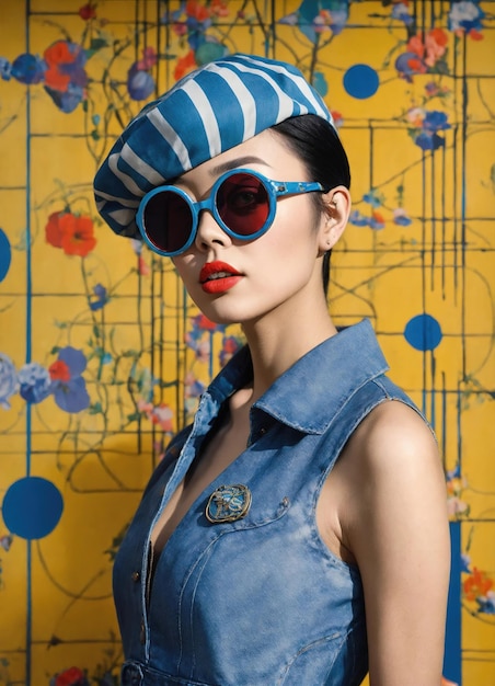 Fashion portrait of young beautiful asian woman with short hairstyle and sunglasses in a stylish dress ai generative
