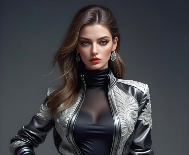 Fashion portrait of young beautiful woman in black leather jacket brunette girl with red lips