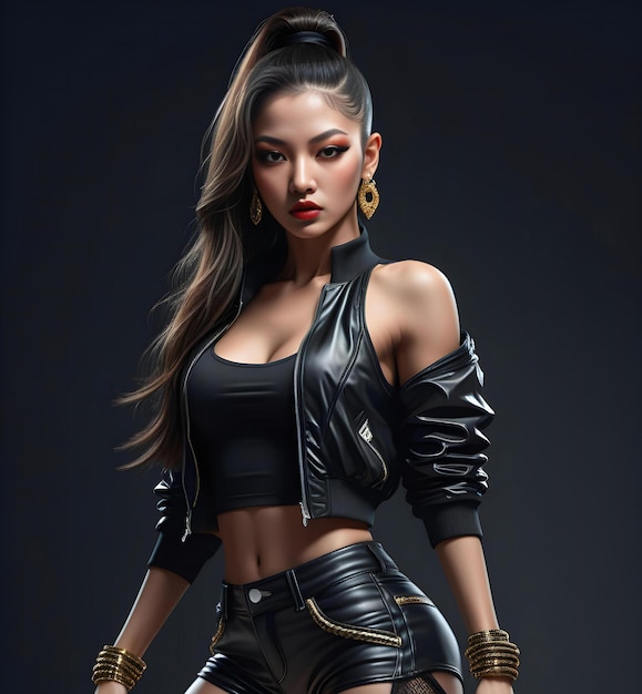 Fashion portrait of young beautiful woman in black leather jacket and high heels