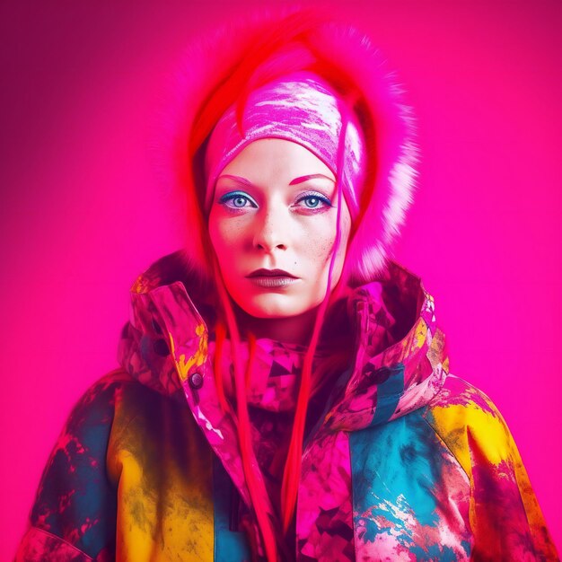 Fashion portrait of young beautiful woman in colorful winter clothes studio shot