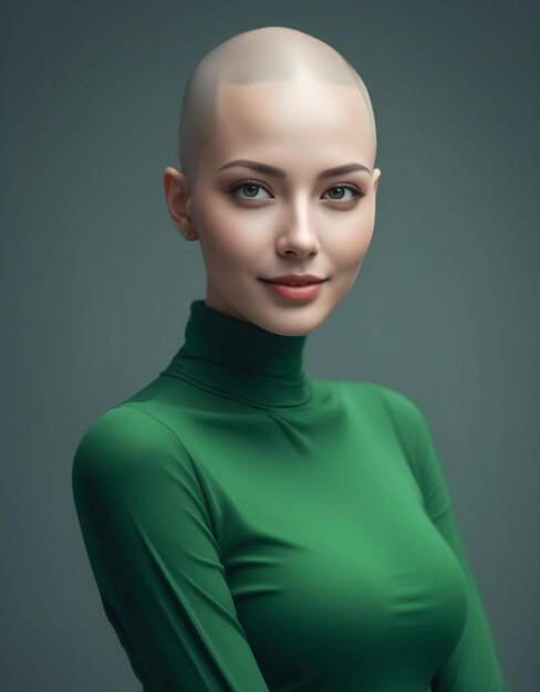 Fashion portrait of young beautiful woman in green dress studio shot