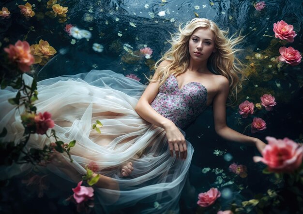 Fashion portrait of young beautiful woman in the water with flowers