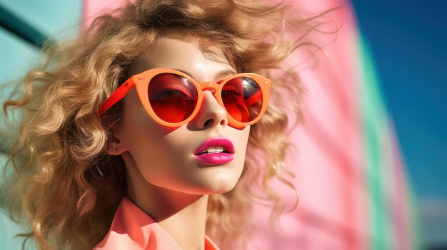 Photo fashion portrait of young beautiful woman with bright makeup and pink sunglasses beauty fashion generative ai