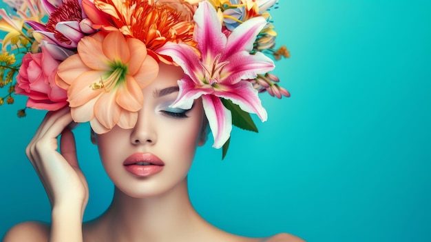 Foto ritratto di moda di una giovane donna bellissima con fiori esotici nei capelli