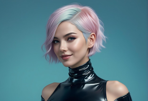 Fashion portrait of young beautiful woman with pink hair Hairstyle and makeup