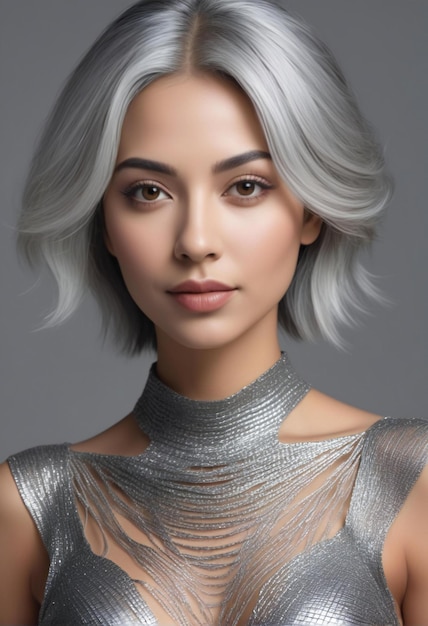 Fashion portrait of young beautiful woman with silver hair and professional makeup