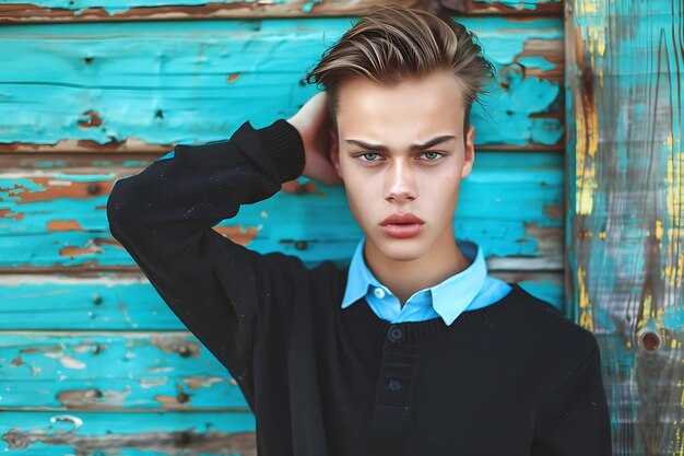 Fashion portrait of young man in black pullover and blue shirt with hand near face