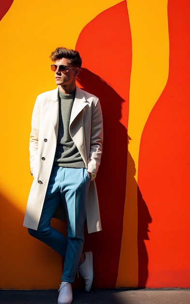 Fashion portrait of young stylish trendy look man model over colorful wall Street style