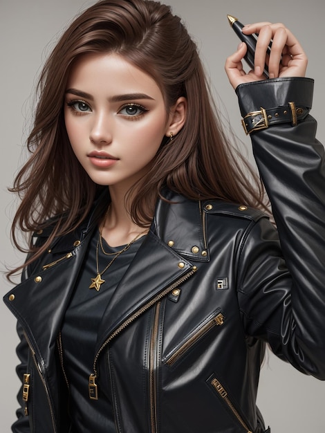 Fashion portrait of a young woman in leather jacket