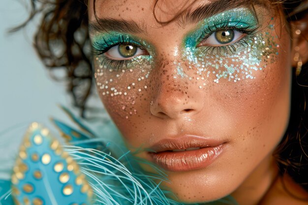 Fashion Portrait of Young Woman with Glitter Makeup and Blue Feather Accessory Against Blue